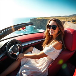 A confident woman driving a sleek red convertible through a scenic coastal road