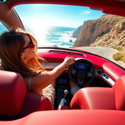 A confident woman driving a sleek red convertible through a scenic coastal road