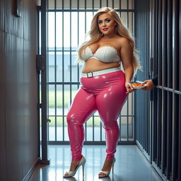 A full-length photograph of a sexy, stunningly beautiful, obese 18-year-old girl with flowing blond hair and striking crystal blue eyes