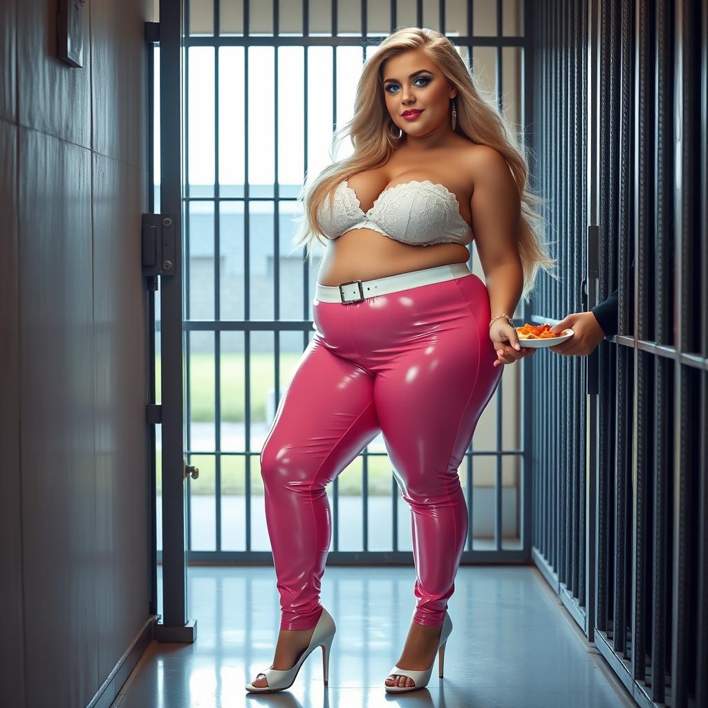 A full-length photograph of a sexy, stunningly beautiful, obese 18-year-old girl with flowing blond hair and striking crystal blue eyes