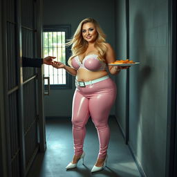 A full-length photograph of a sexy, stunningly beautiful, obese 18-year-old girl with flowing blond hair and striking crystal blue eyes
