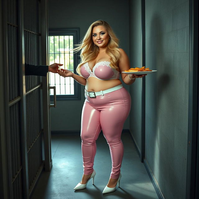 A full-length photograph of a sexy, stunningly beautiful, obese 18-year-old girl with flowing blond hair and striking crystal blue eyes