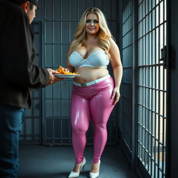 A full-length photograph of a sexy, stunningly beautiful, obese 18-year-old girl with luxurious blond hair flowing elegantly and striking crystal blue eyes