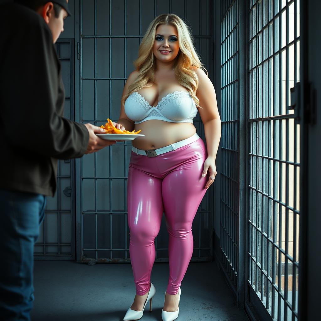 A full-length photograph of a sexy, stunningly beautiful, obese 18-year-old girl with luxurious blond hair flowing elegantly and striking crystal blue eyes