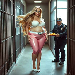 A full-length photograph of a sexy, stunningly beautiful, obese 18-year-old girl with luxurious blond hair flowing elegantly and striking crystal blue eyes