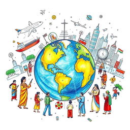 A detailed drawing depicting the theme of globalization, showcasing interconnectedness around the world