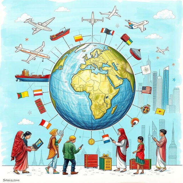 A detailed drawing depicting the theme of globalization, showcasing interconnectedness around the world