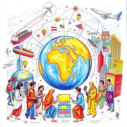 A detailed drawing depicting the theme of globalization, showcasing interconnectedness around the world