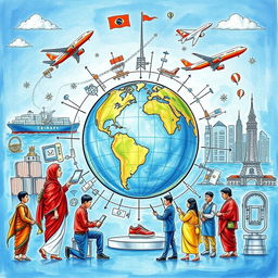 A detailed drawing depicting the theme of globalization, showcasing interconnectedness around the world