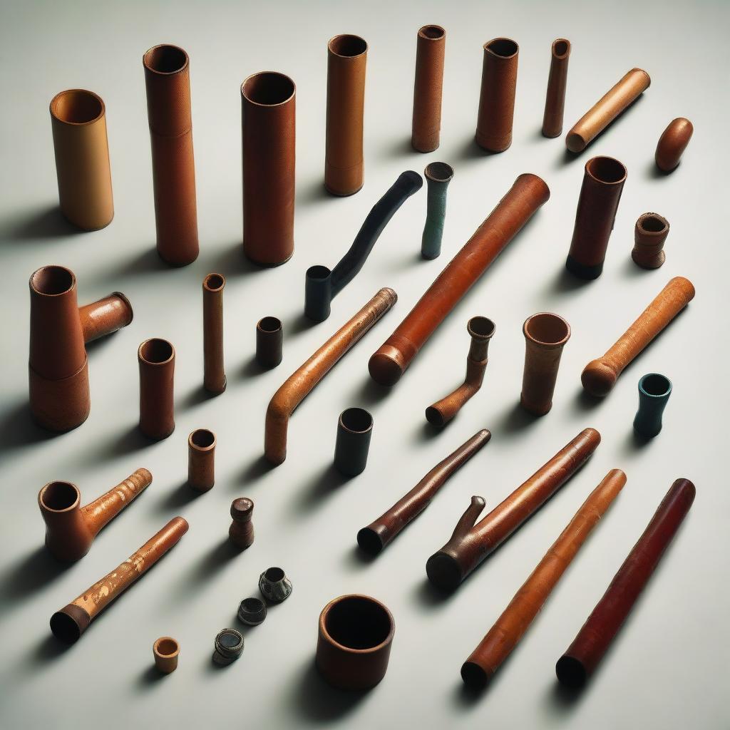 An assortment of pipes, ranging in size and material, assembled in a haphazard but aesthetically pleasing fashion against a plain background.