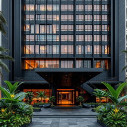 A stunning modern architectural design of a black hotel exterior, featuring sleek lines and contemporary aesthetics