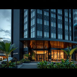 A stunning modern architectural design of a black hotel exterior, featuring sleek lines and contemporary aesthetics