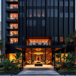 A stunning modern architectural design of a black hotel exterior, featuring sleek lines and contemporary aesthetics
