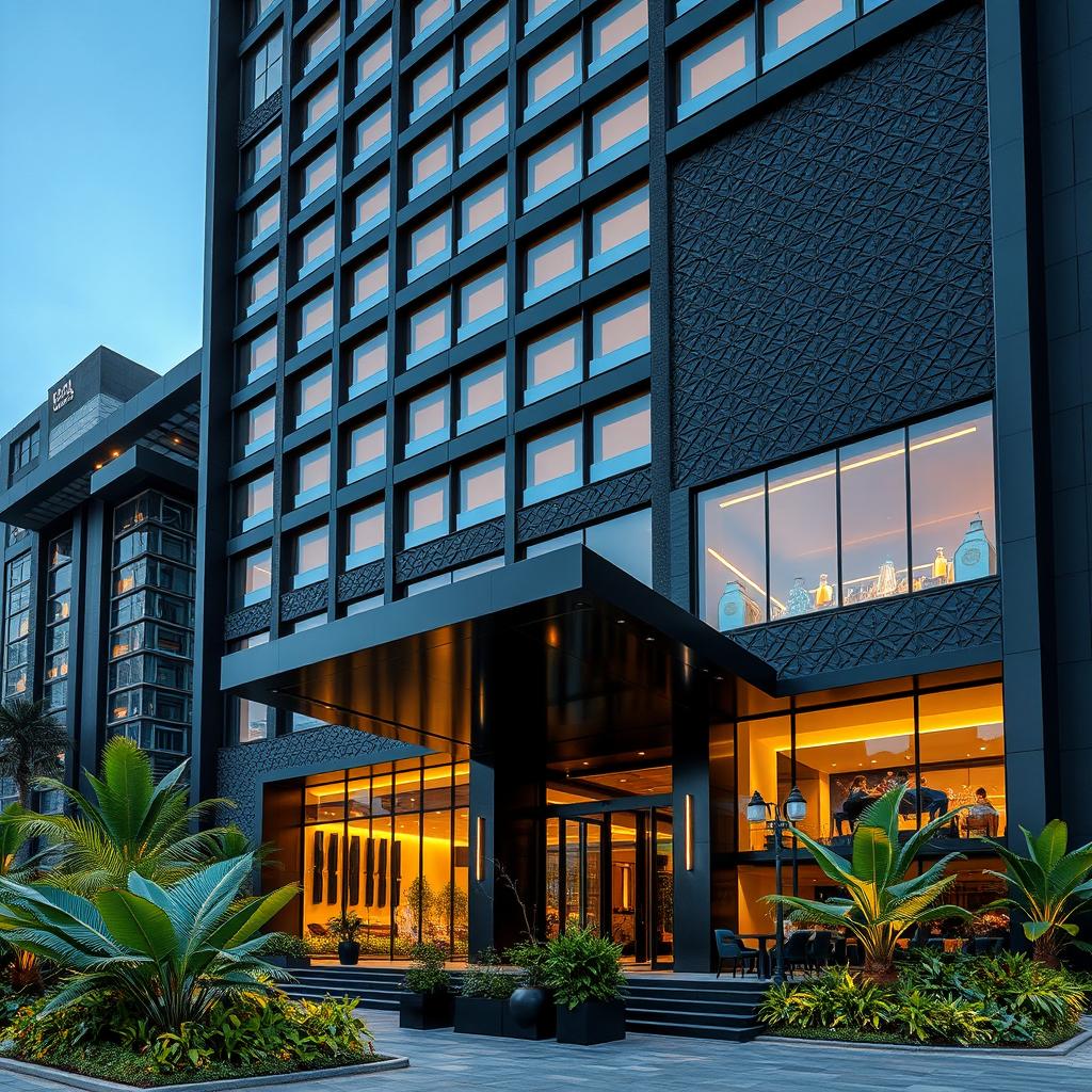 A stunning modern architectural design of a black hotel exterior, featuring sleek lines and contemporary aesthetics