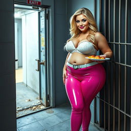 A full-length photograph of a sexy, stunningly beautiful, obese 18-year-old girl with flowing blond hair and mesmerizing crystal blue eyes