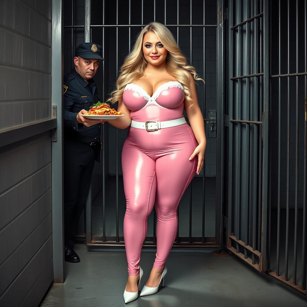 A full-length photograph of a sexy, stunningly beautiful, obese 18-year-old girl with flowing blond hair and captivating crystal blue eyes