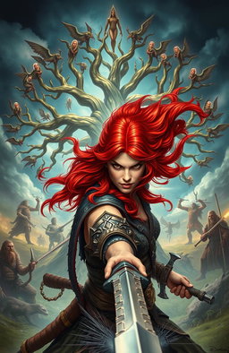 A fierce red-haired female warrior in the foreground engaged in battle, showcasing her strength and determination