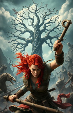 A fierce red-haired female warrior in the foreground engaged in battle, showcasing her strength and determination