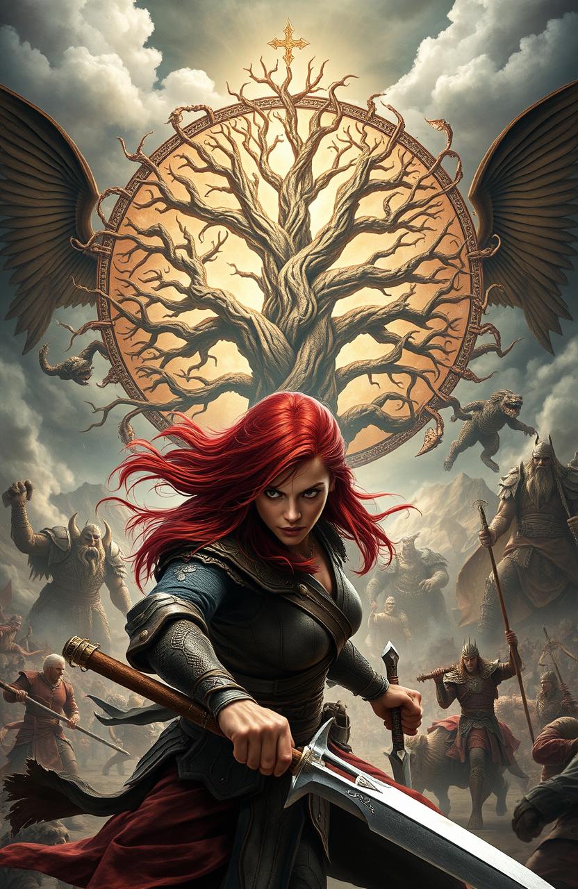 A fierce red-haired female warrior in the foreground engaged in battle, showcasing her strength and determination