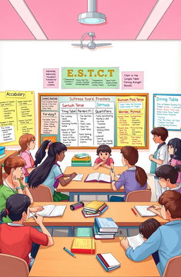 An educational illustration depicting a colorful classroom setting where diverse students are engaging with various English language learning topics