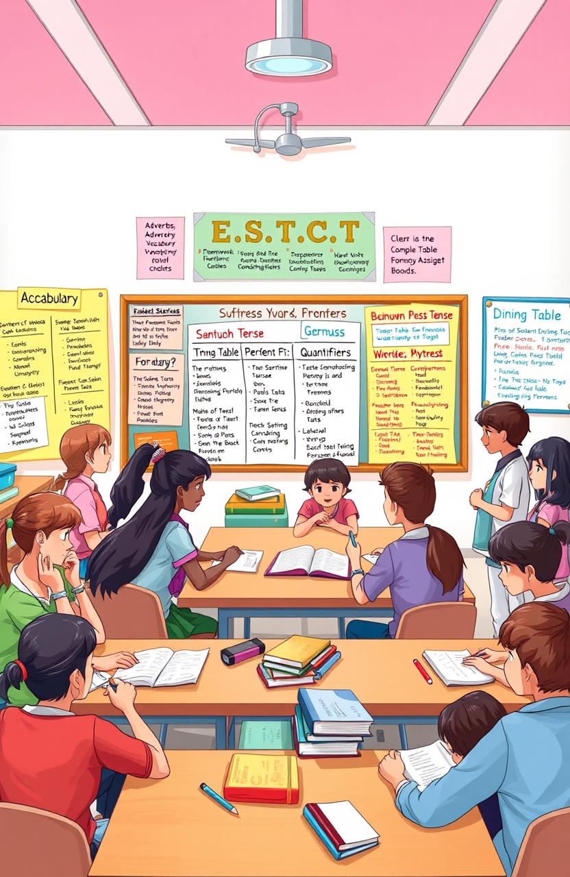 An educational illustration depicting a colorful classroom setting where diverse students are engaging with various English language learning topics