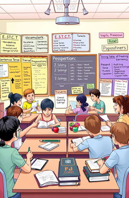 An educational illustration depicting a colorful classroom setting where diverse students are engaging with various English language learning topics