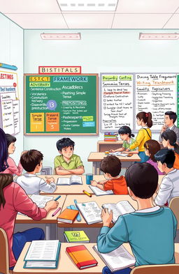 An educational illustration depicting a colorful classroom setting where diverse students are engaging with various English language learning topics