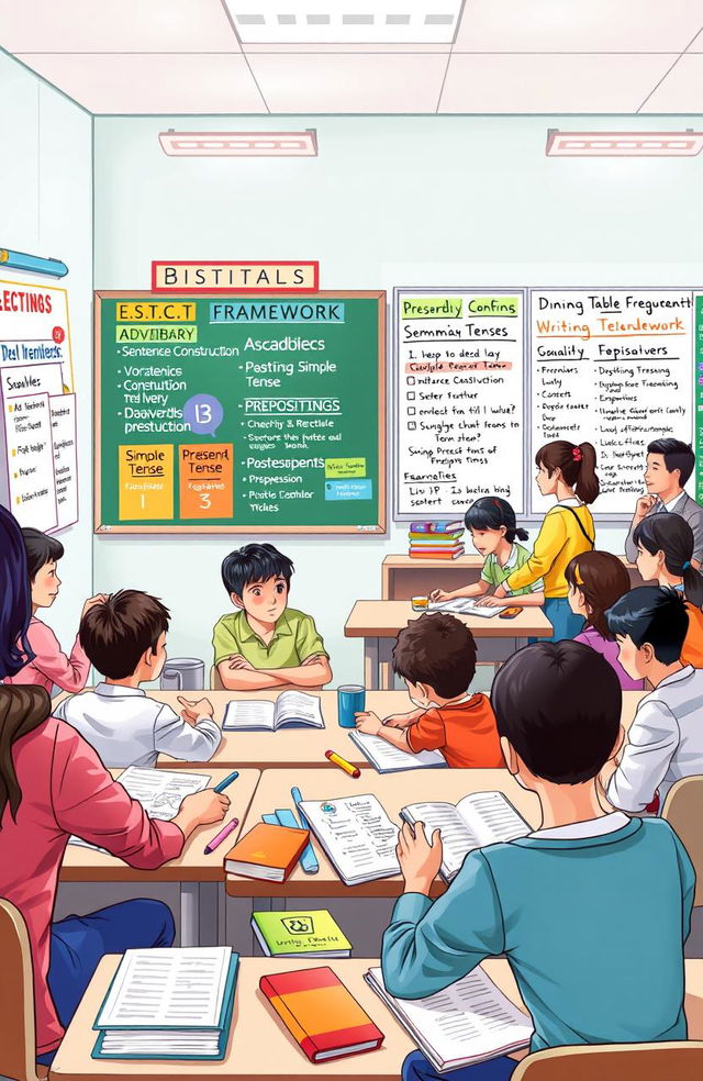 An educational illustration depicting a colorful classroom setting where diverse students are engaging with various English language learning topics