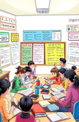 An educational illustration depicting a colorful classroom setting where diverse students are engaging with various English language learning topics