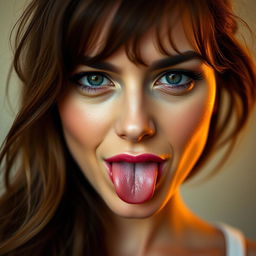A close-up portrait of a woman with an intriguing expression, showcasing her tongue slightly protruding from her lips
