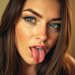 A close-up portrait of a woman with an intriguing expression, showcasing her tongue slightly protruding from her lips