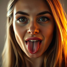A close-up portrait of a woman with an intriguing expression, showcasing her tongue slightly protruding from her lips