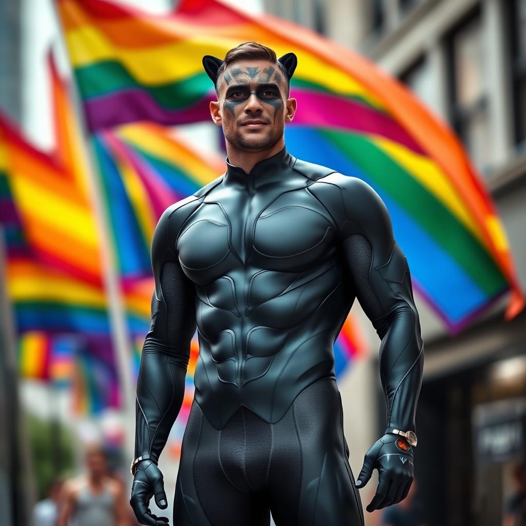 A man wearing a sleek and stylish black panther suit, standing confidently with a backdrop of vibrant rainbow flags fluttering in the wind