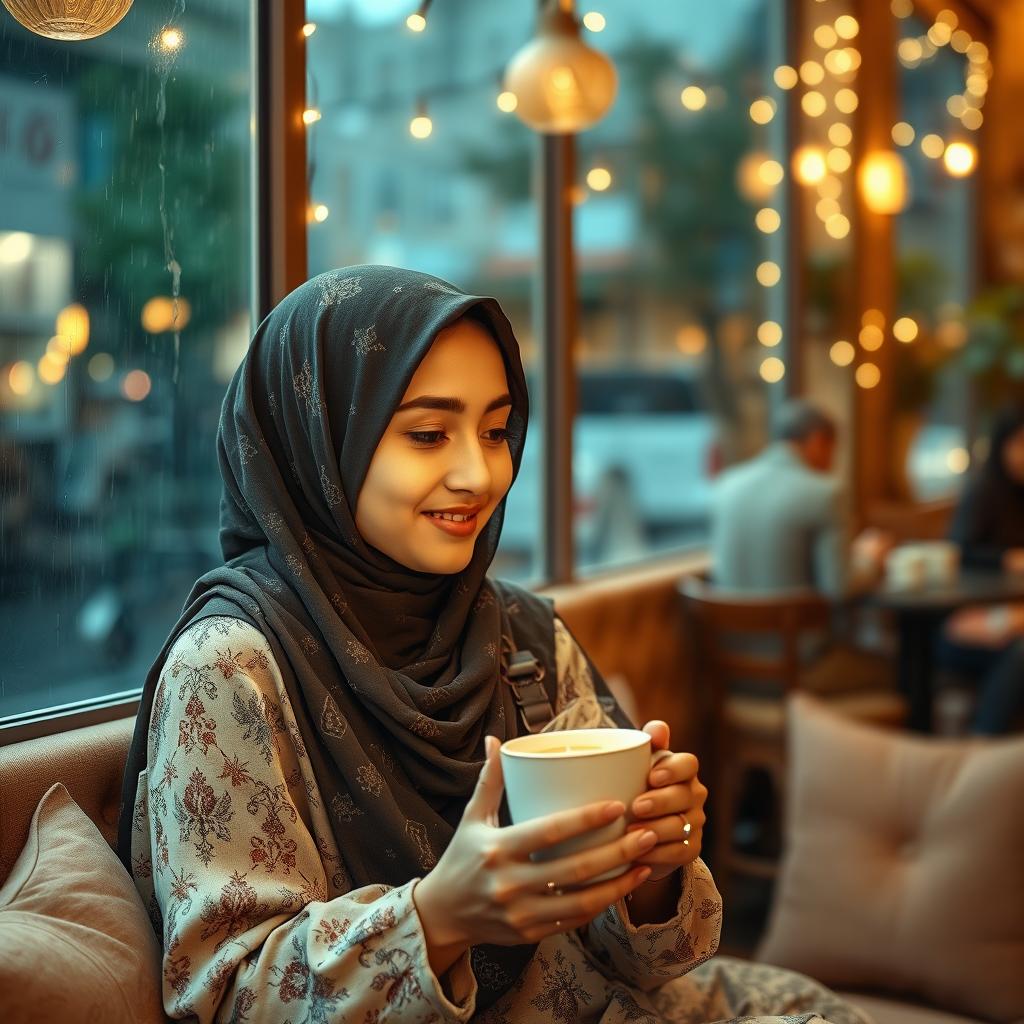 A romantic scene featuring a young woman wearing a beautifully patterned hijab, sitting in a cozy café with warm lighting