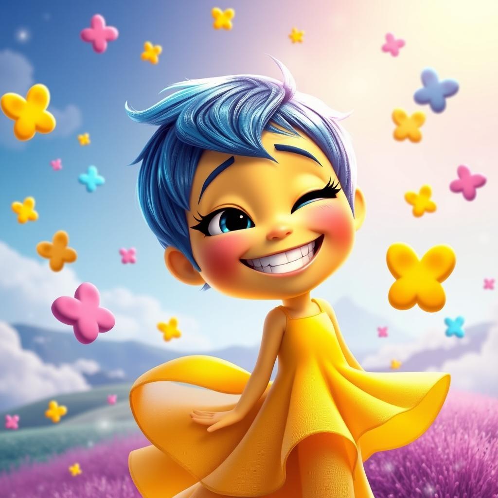 A vibrant and cheerful character inspired by 'Joy' from the movie 'Inside Out', featuring a bright blue pixie haircut, glowing yellow skin, and a broad, contagious smile