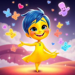 A vibrant and cheerful character inspired by 'Joy' from the movie 'Inside Out', featuring a bright blue pixie haircut, glowing yellow skin, and a broad, contagious smile