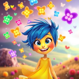 A vibrant and cheerful character inspired by 'Joy' from the movie 'Inside Out', featuring a bright blue pixie haircut, glowing yellow skin, and a broad, contagious smile