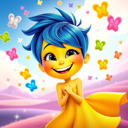 A vibrant and cheerful character inspired by 'Joy' from the movie 'Inside Out', featuring a bright blue pixie haircut, glowing yellow skin, and a broad, contagious smile