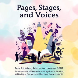 A vibrant and inspiring poster design centered around the theme 'Pages, Stages, and Voices: Celebrating Stories and Spirit through Language, Leadership and Creativity