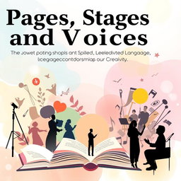 A vibrant and inspiring poster design centered around the theme 'Pages, Stages, and Voices: Celebrating Stories and Spirit through Language, Leadership and Creativity