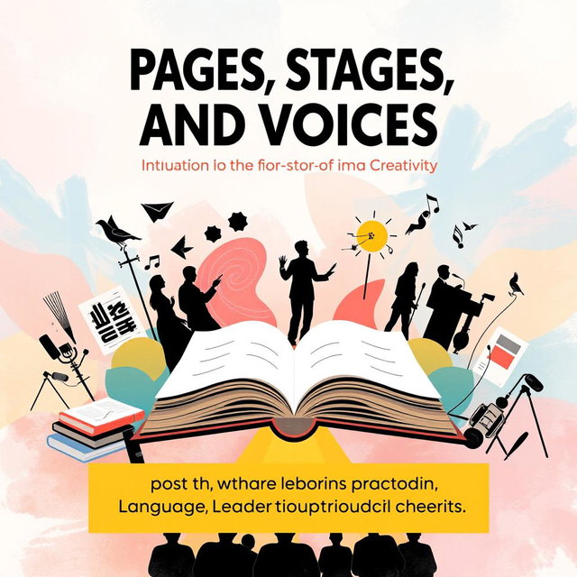 A vibrant and inspiring poster design centered around the theme 'Pages, Stages, and Voices: Celebrating Stories and Spirit through Language, Leadership and Creativity