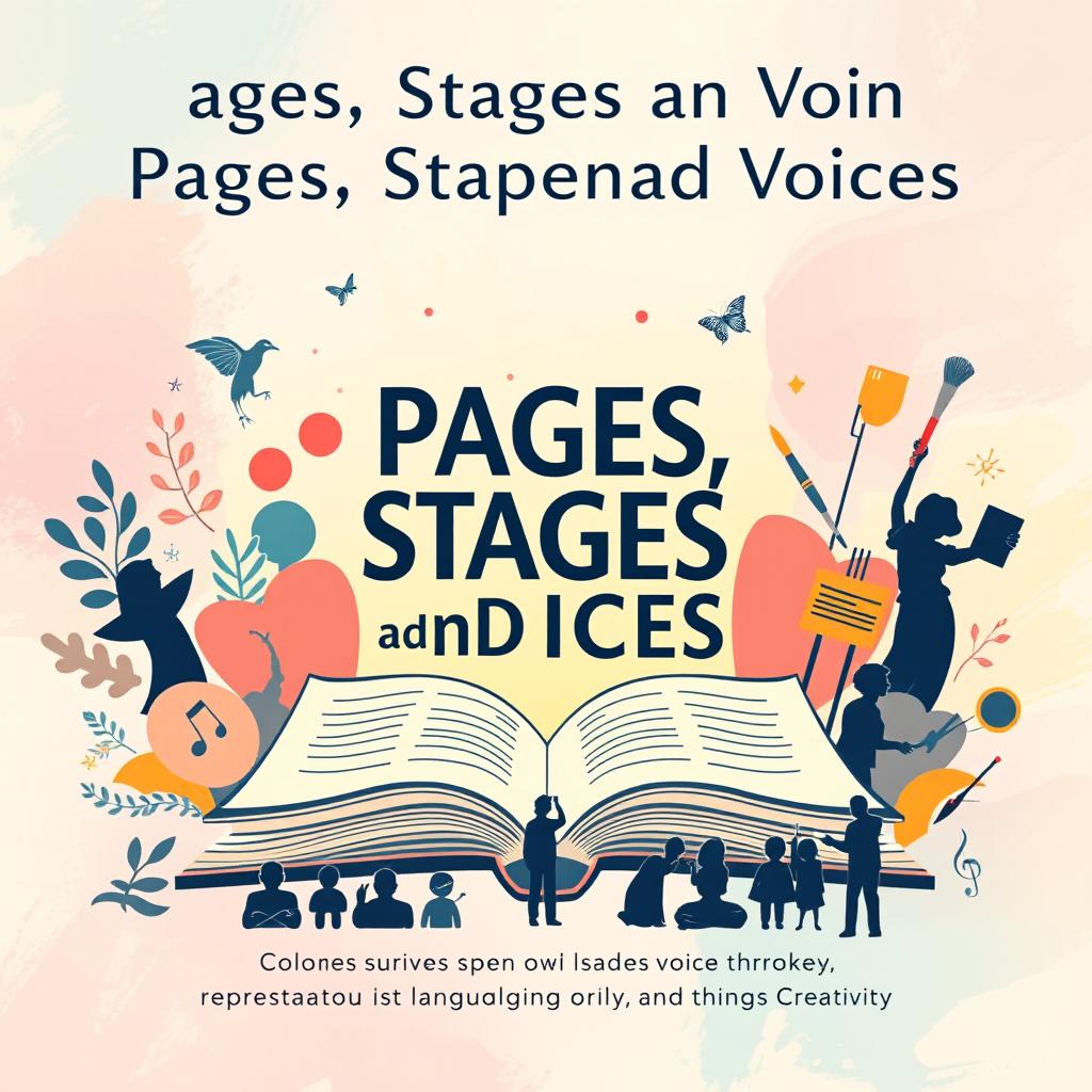 A vibrant and inspiring poster design centered around the theme 'Pages, Stages, and Voices: Celebrating Stories and Spirit through Language, Leadership and Creativity