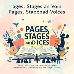A vibrant and inspiring poster design centered around the theme 'Pages, Stages, and Voices: Celebrating Stories and Spirit through Language, Leadership and Creativity