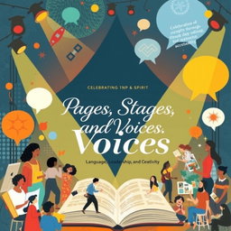 A vibrant and artistic poster design encapsulating the theme 'Pages, Stages, and Voices: Celebrating Stories and Spirit through Language, Leadership, and Creativity