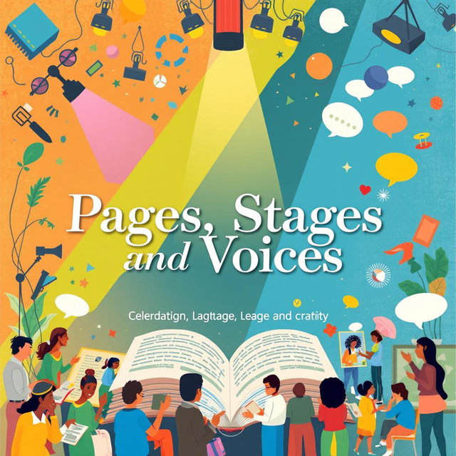 A vibrant and artistic poster design encapsulating the theme 'Pages, Stages, and Voices: Celebrating Stories and Spirit through Language, Leadership, and Creativity