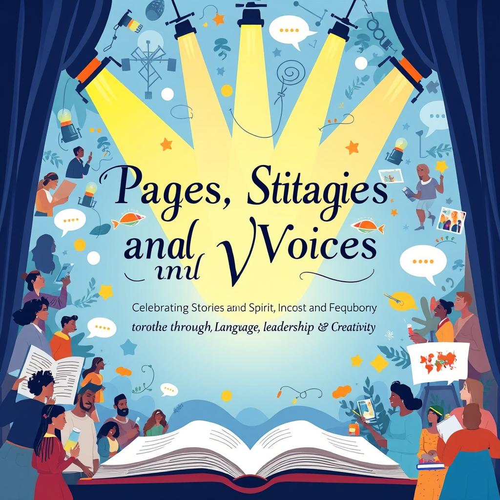 A vibrant and artistic poster design encapsulating the theme 'Pages, Stages, and Voices: Celebrating Stories and Spirit through Language, Leadership, and Creativity