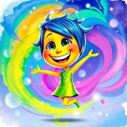 A vibrant and colorful artistic portrayal of Joy from the animated film 'Inside Out'