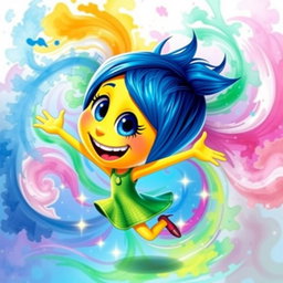 A vibrant and colorful artistic portrayal of Joy from the animated film 'Inside Out'