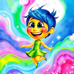 A vibrant and colorful artistic portrayal of Joy from the animated film 'Inside Out'