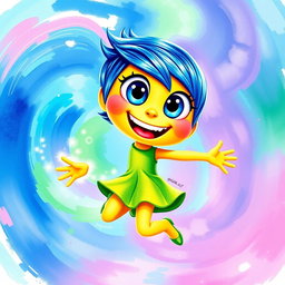 A vibrant and colorful artistic portrayal of Joy from the animated film 'Inside Out'